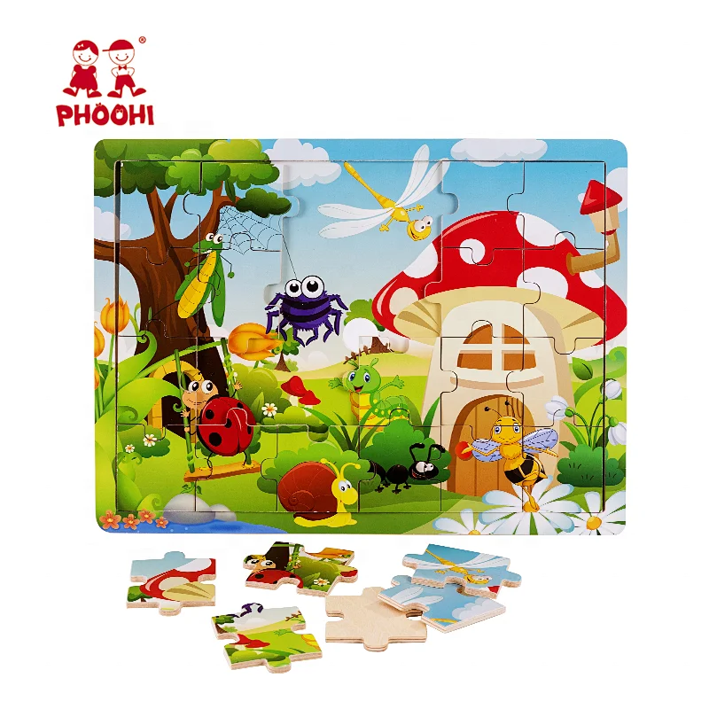 Children play educational mushroom house toddler wooden insect puzzle for kids