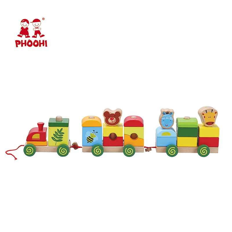 Preschool educational animal kids block set toy wooden stacking train for children