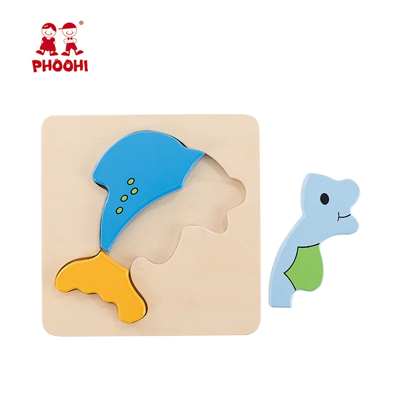 Children simple animal puzzle toy 4 pcs shape wooden dolphin puzzle for kids 1+