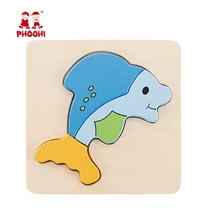 Children simple animal puzzle toy 4 pcs shape wooden dolphin puzzle for kids 1+