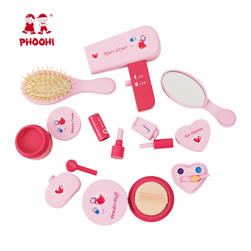 Wholesale little girl pink children cosmetic toy kids wooden play pretend makeup set