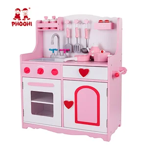 Pretend children role play toy pink stove wooden kids play kitchen set with accessories