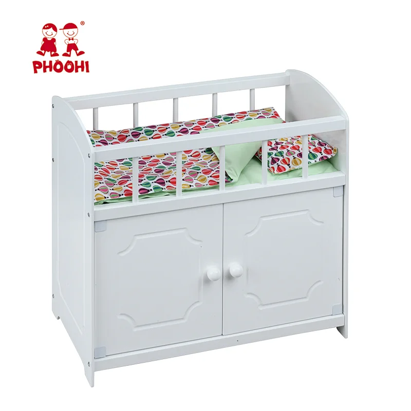 Children doll play game toy kids 15 inch wooden baby doll cot with cabinet and bedding
