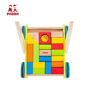 Natural educational toddler push cart toy baby first wooden walker with blocks