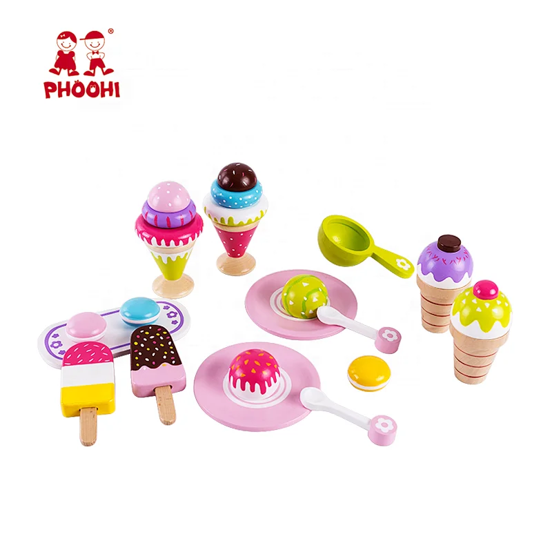 New arrival pretend food dessert play set wooden ice cream toy for toddler 3+