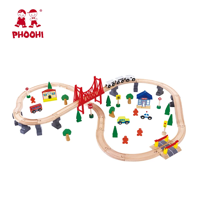 New arrival kids educational 70 pcs accessories building wooden train toy set for toddler