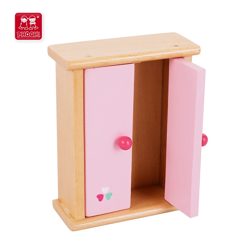 Pink natural miniature children bedroom furniture mini wooden dollhouse furniture
