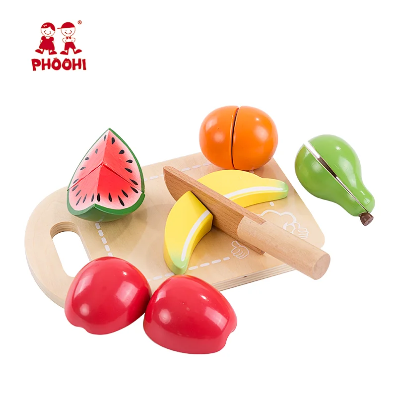 Phoohi children pretend kitchen food play game kids wooden cutting fruit toy
