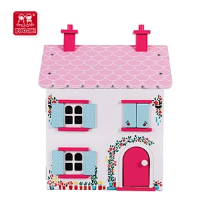 2018 New medium size pink children pretend play game kids wooden doll house
