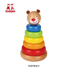 Early baby educational animal bear children wooden rainbow tower toy for kids 1+