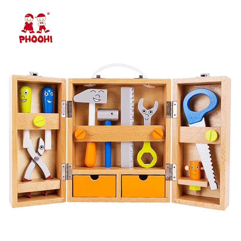 Foldable portable pretend children simulation toolbox wooden kids tool set toy