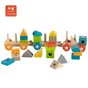 2021 New Style Preschool educational animal kids block set toy wooden stacking train for children wooden blocks trai