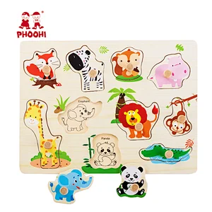 Children educational animal recognition puzzle board wooden kids wild animal puzzle for toddler 1+
