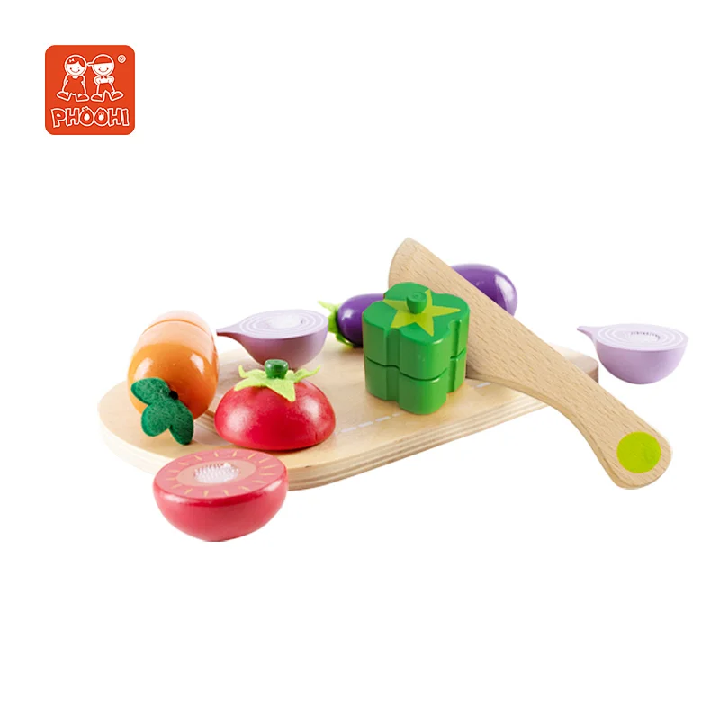 Phoohi pretend play food set kids wooden cutting vegetable toy for children