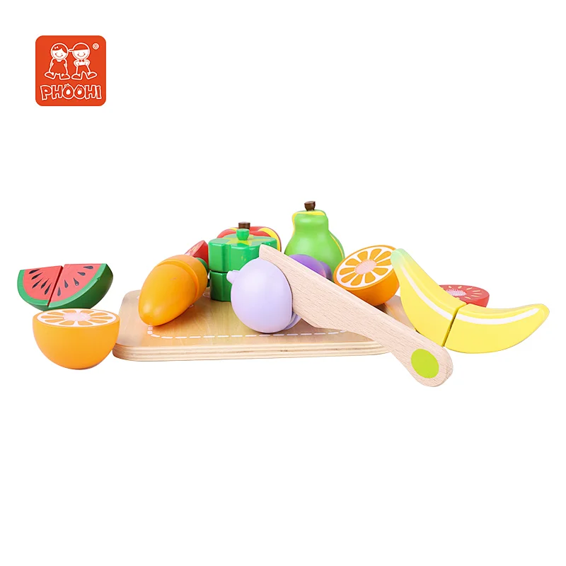 Phoohi pretend play food set kids wooden cutting vegetable toy for children