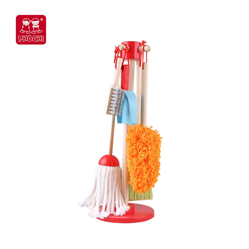 wooden role play children cleaning set toy for kids with broom mop and brush