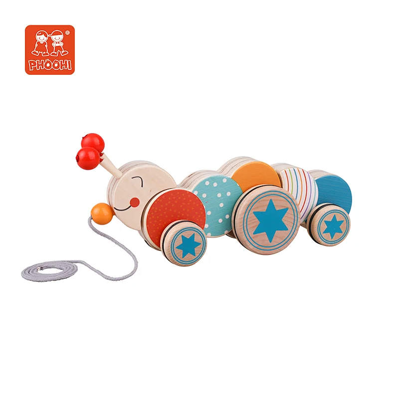 wooden animal pull along toy for children with Movable antenna for kids
