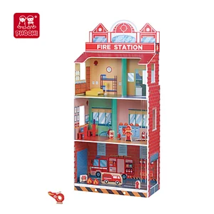 2021 New Arrival role play Pretend Play Toy wooden fire station doll house toy  For kids