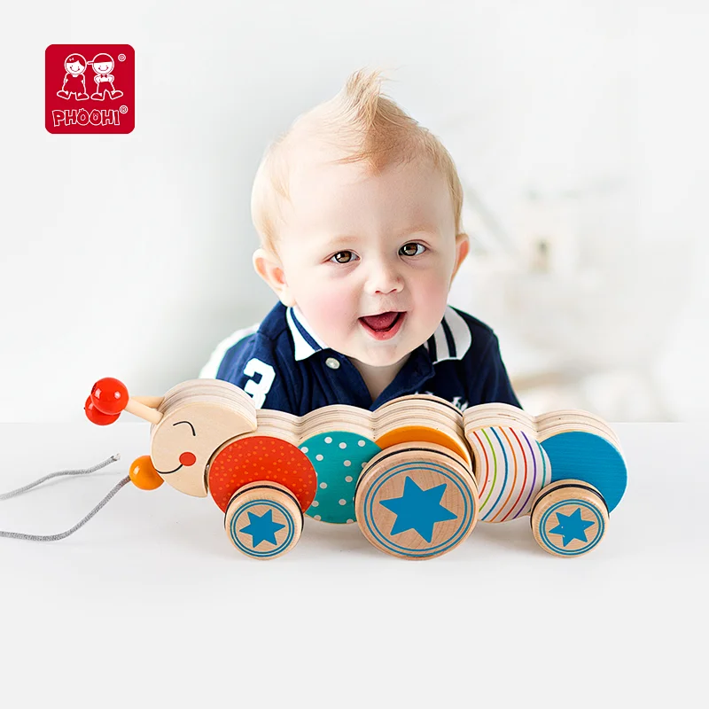 wooden animal pull along toy for children with Movable antenna for kids