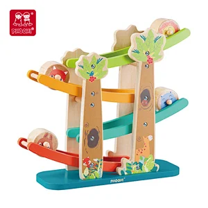 2021 New Jungle Ramp Racer  with animal preschool educational Track wooden toy sliding tower for kids wooden games racing track