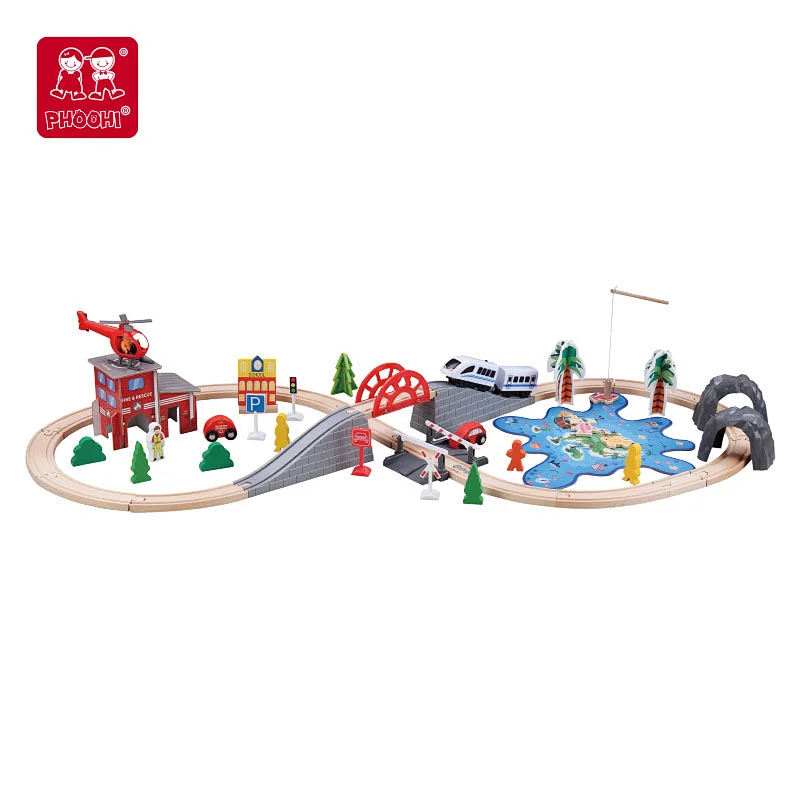 2021 New Children Educational Play DIY 80 pcs Train Railway Track Wooden Train Set Toy with Fishing Game For Kids