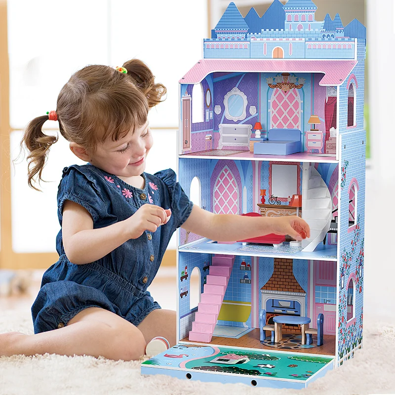2021 New  3 floors Girls Petend Role Play Game Kids Big Wooden Doll House For Children