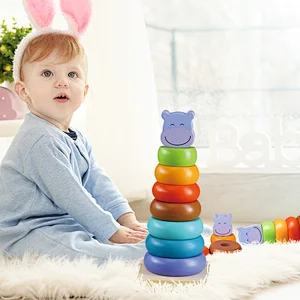2021 Brand New Children Montessori educational Colorful Rings Wooden Hippo Stacker Toy For Kids