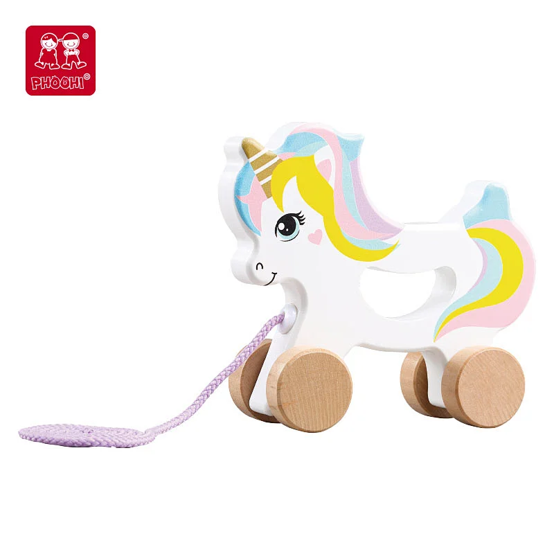 2021 new Pull Along Unicorn wooden animal pull along toy for children with Movable antenna for kids