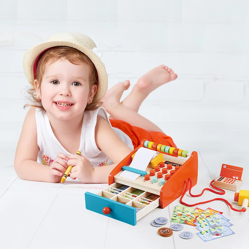 Children role play kids wooden supermarket children cash register toy for toddler