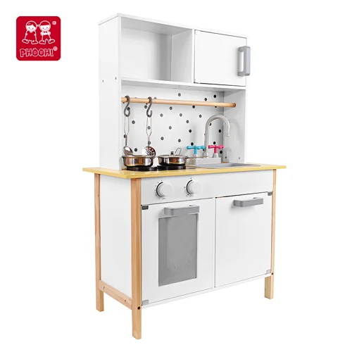 PHOOHI White wooden Kitchen toys,kids wooden play kitchen set toy for toddler