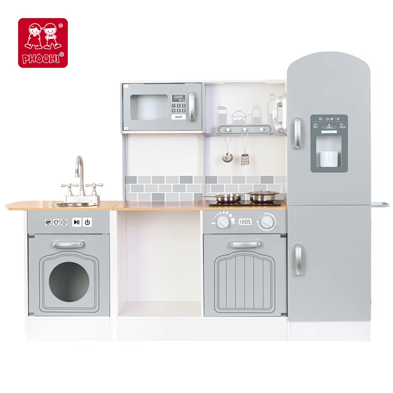 Wooden toys, PHOOHI wooden kitchen toy set, role-playing toys, microwave oven, ice maker, sink, induction cooker Big Kitchen with Corner