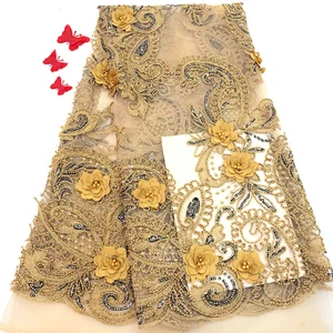 2019 best selling new design big sequins embroidered 3d flower lace with pearls fabric