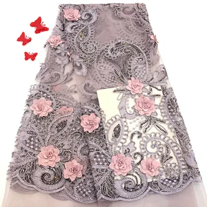 2019 best selling new design big sequins embroidered 3d flower lace with pearls fabric