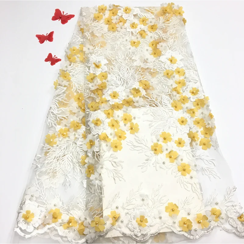 2019 New Style Hot Sale Beautifical Lace Flower Embroidered 3d Beaded Lace Fabric  For Wedding Dress