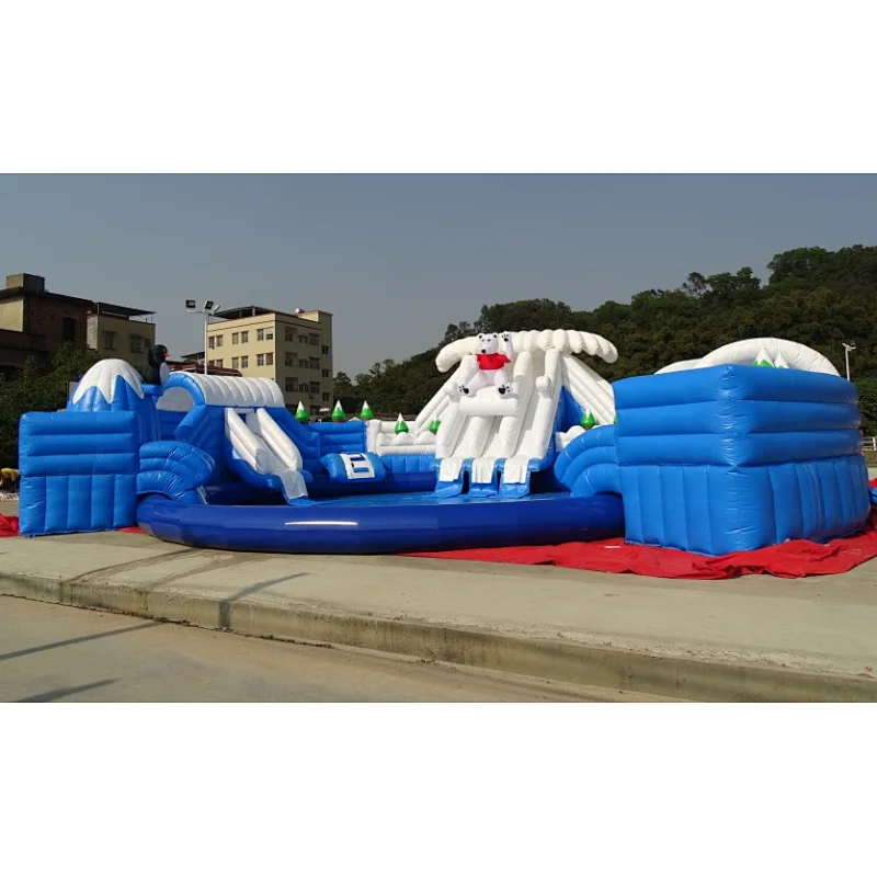 Giant customized size and color inflatable sea water park with big slides, white bear inflatable water park
