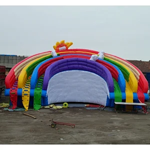 Outdoor 0.55mm PVC Tarpaulin Four Lane Inflatable Rainbow Water Slide, inflatable Water Park Games for frame pool