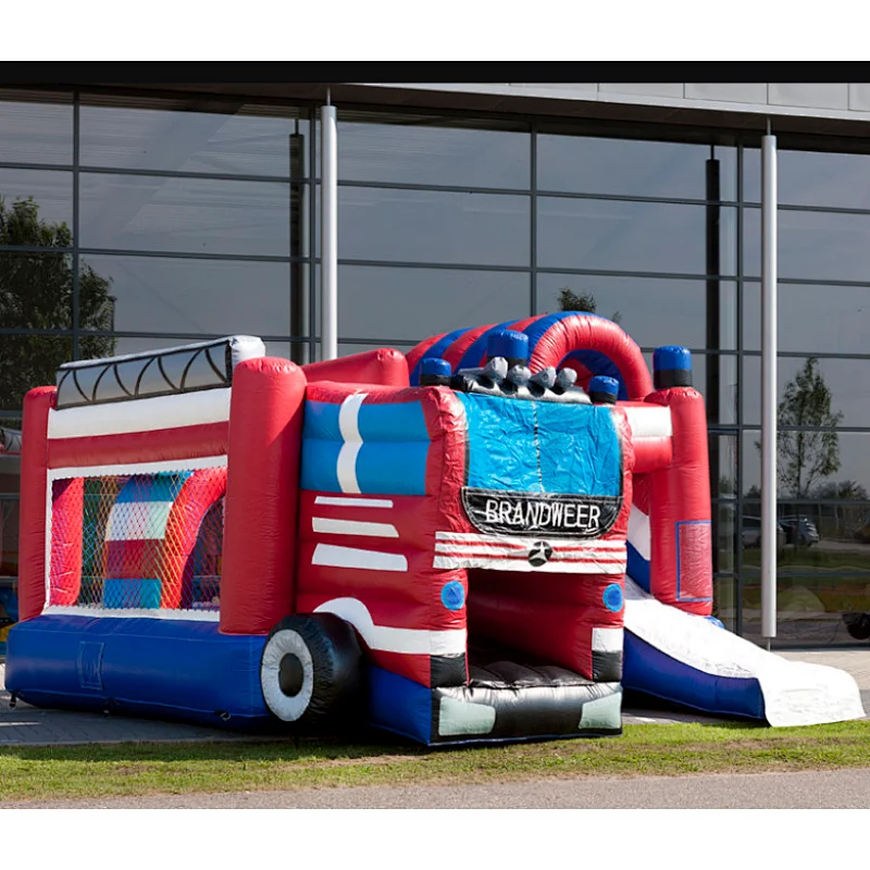 2018 amusement park fire truck inflatable bounce house/obstacle course with slide