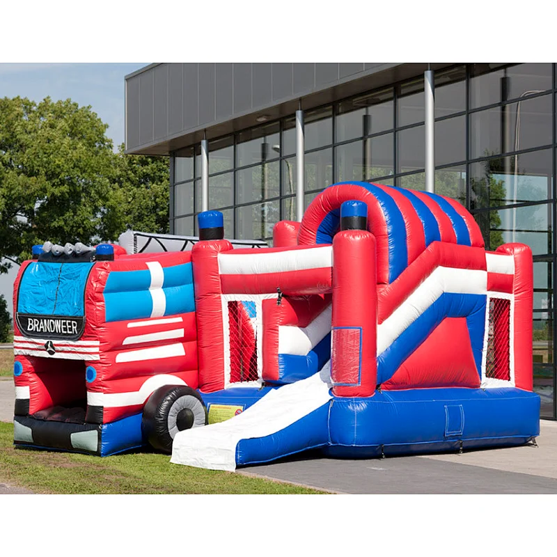 2018 amusement park fire truck inflatable bounce house/obstacle course with slide
