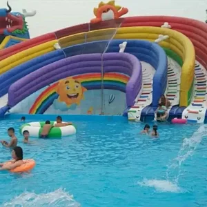 Outdoor 0.55mm PVC Tarpaulin Four Lane Inflatable Rainbow Water Slide, inflatable Water Park Games for frame pool