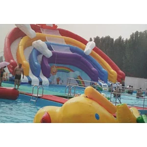 Outdoor 0.55mm PVC Tarpaulin Four Lane Inflatable Rainbow Water Slide, inflatable Water Park Games for frame pool