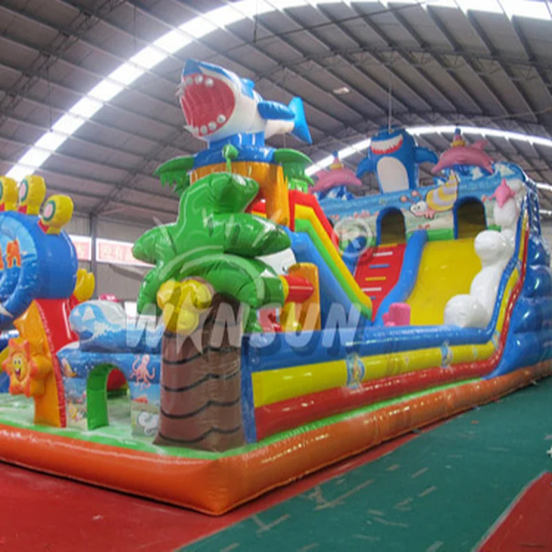 16x8m giant inflatable seaworld slide, inflatable shark amusement fun city,Shark Design Inflatable Fun City Equipment