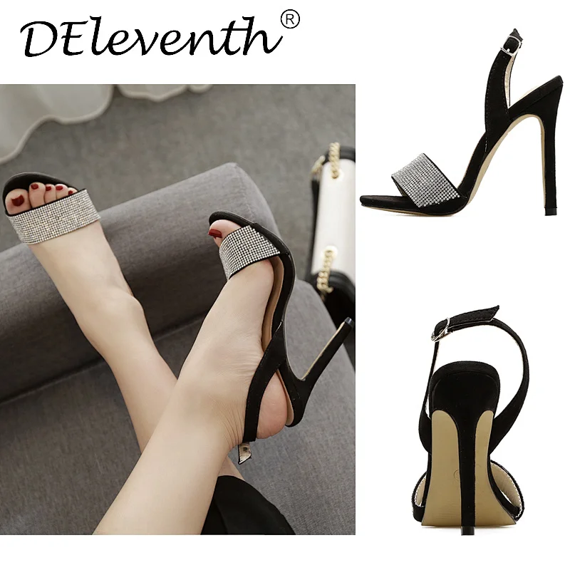 DEleventh Shoes Woman New Design Rhinestone Sexy High Heels Sandals Summer Ladies Peep-Toe Stiletto Heels Shoes Black In Stock