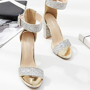 101087New thick heel Sequin ankle buckle with open toe high heel sandals for women