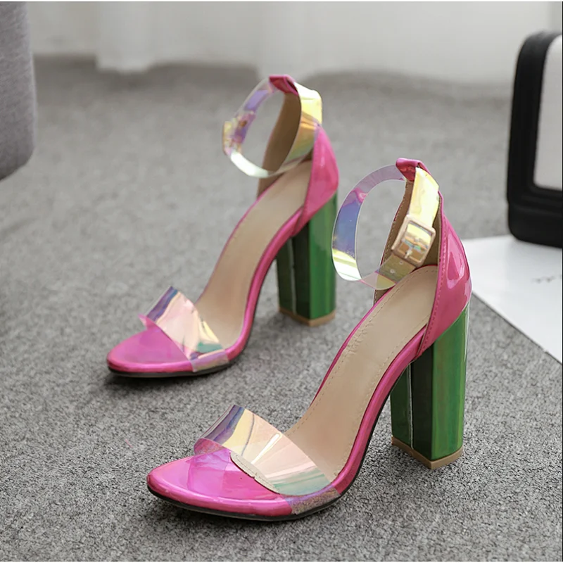 CX660-37 Elegant word buckle round head thick high heel sandals large size  colorful female sandals