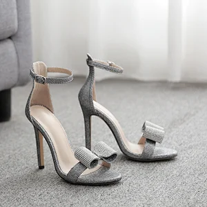 DEleventh Shoes Woman Ankle Buckle Stiletto High Heel Sandals Bling Bling New PU Leather Peep-toe Big Bowknot Wholesale In Stock