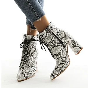 DEleventh Shoes Woman Fashion Trend New Snakeskin PU Leather Pointy Toe Lace-Up Coarser High Heel Ankle Boots In Stock Wholesale