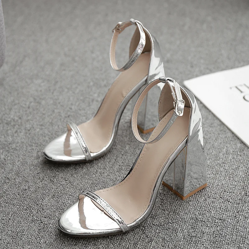 101849DEleventh Shoes Woman Fashion Sandals In Stock Patent Leather Peep Toe Buckle Coarser High Heels Wedding Shoes Silver