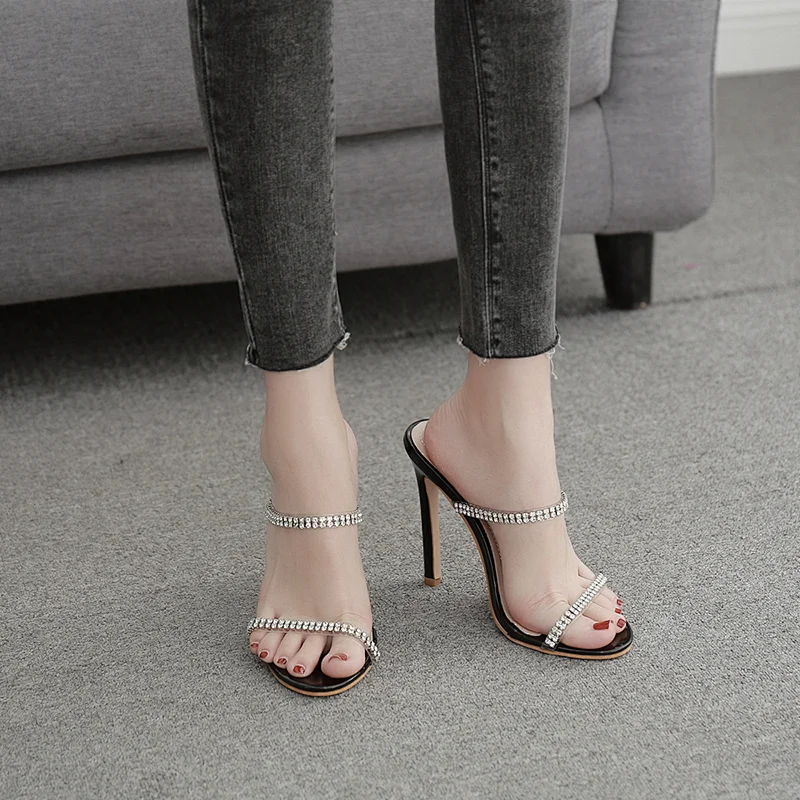 Fashion Women Shoes Leopard Rhinestone Sandals Thin Heel Slippers Heels For Ladies