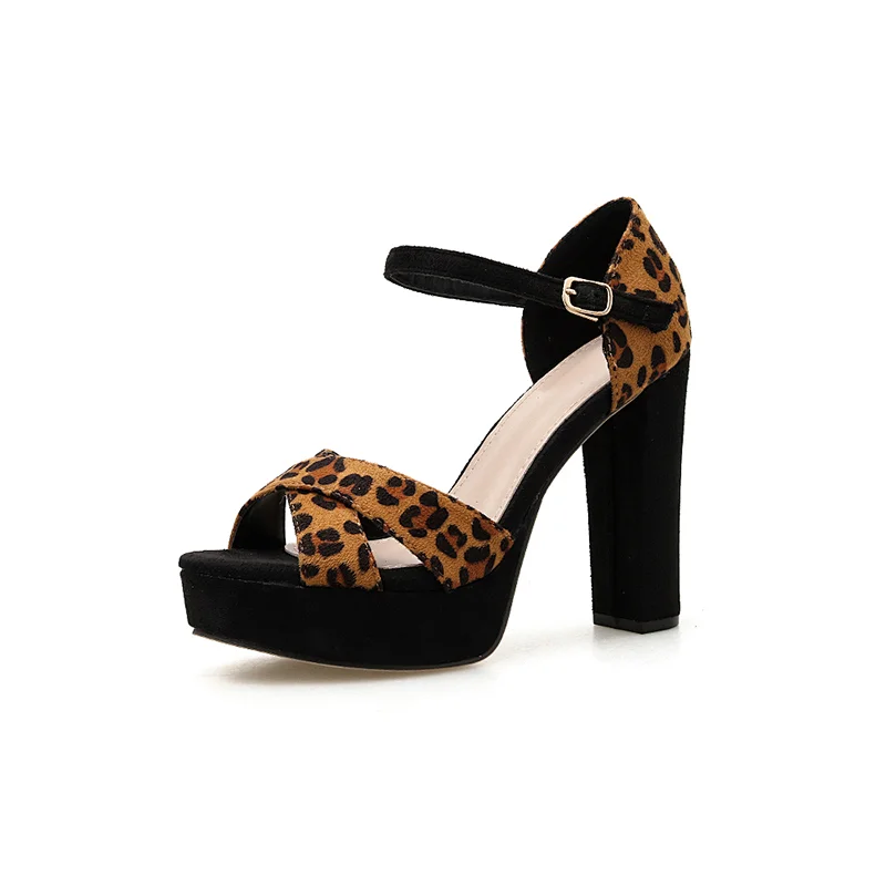 DEleventh Shoes Woman Hot Selling Sexy Leopard Waterproof Platform High Heels Sandals Summer Coarser Heels Party Shoes Plus Size