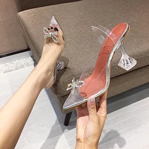 101398 GY2020-5 Fashion New Sandals Women Bow Pointed Toe High Heels PVC Transparent Sandals Silver Shoes